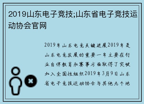 2019山东电子竞技;山东省电子竞技运动协会官网